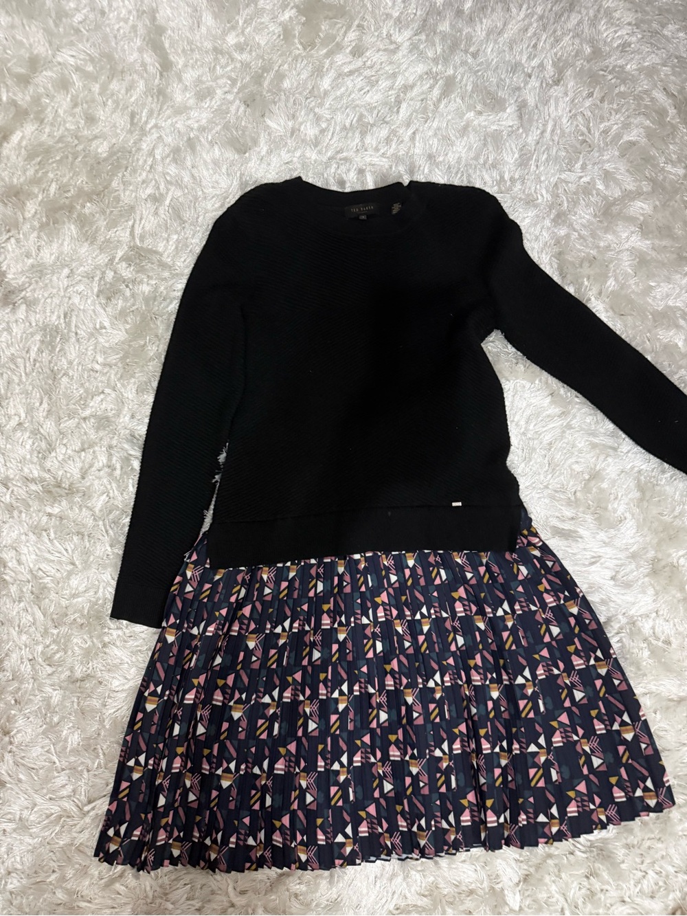 Ted Baker London Black Sweater with Navy Geometric Pleated Skirt